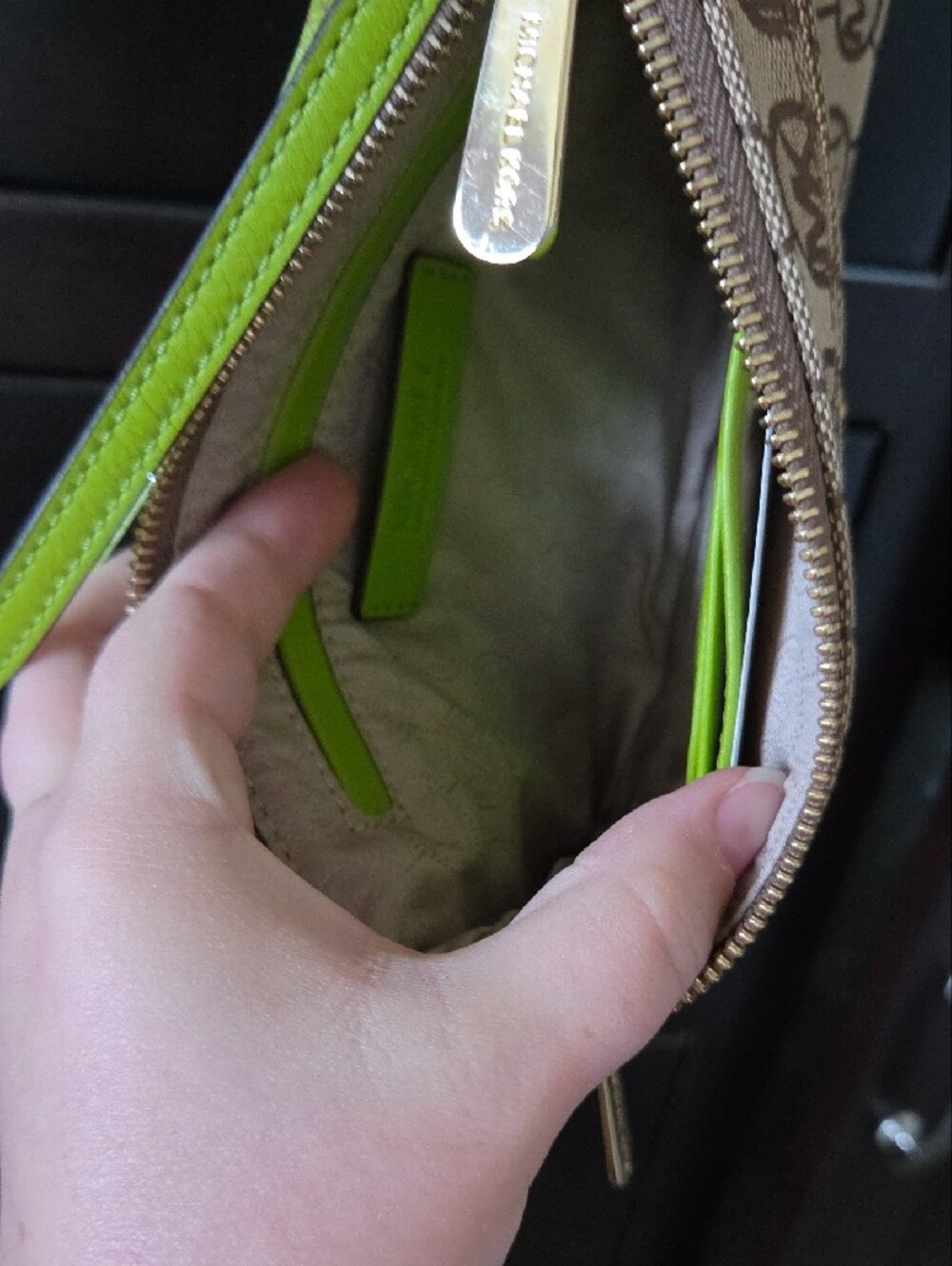 Michael Kors Monogram Jacquard Wristlet Clutch Pouch Beige Lime Green - NWT - Picture 7 of 16